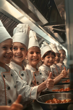 Naklejki Group of children doing their dream job as Chief Cooks in the kitchen. Concept of Creativity, Happiness, Dream come true and Teamwork.
