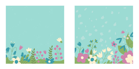 Flower backgrounds post set. Spring abstract banner templates collection. Square summer covers with decoration. Vector flat illustration