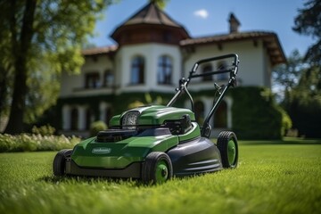 Professional lawn mower for the garden against the background of a private house