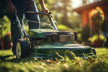 Fototapeta premium Man mowing lawn with machine in beautiful garden at home. Grass care on summer day
