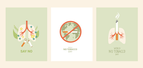 World no tobacco day cards set. Stop smoking banners with text. Cigarette, lung and forbidden sign awareness bag habit.