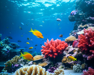 Naklejka na ściany i meble Underwater world with corals and tropical fish. Underwater world.
