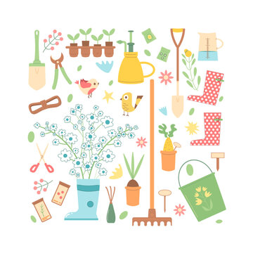 Gardening tools square banner set. Agriculture seasonal elements composition. Spring horticulture equipment. Planting and work in backyard. Seeds, shovel and sample watering can. Vector illustration