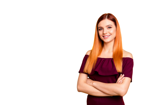 Close up photo portrait of delightful cheerful excited attractive stunning clever intelligent famous vip person wearing cool burgundy clothing holding hands crossed isolated vivid background