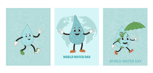World water day card set . Posters with retro drop characters. Ecology holiday banner with rubber hose waterdrop mascot. Vector flat illustration