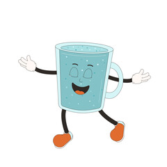 Cup of water retro cartoon mascots. Drink rubber hose animation style groovy characters. Ecologic, healthy life and wellness vector flat illustration isolated on white background