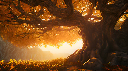 Fantasy landscape with old tree and sunlight. 3D illustration.