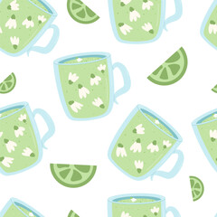Green tea seamless pattern. Hot aroma beverage endless background. Cup of drink with lime and flower repeat cover. Vector flat illustration