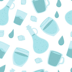 Water sparkling seamless pattern. Glasses, jug and cups with clean beverage endless background. Aqua drink repeat cover. Vector flat illustration