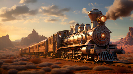 Steam locomotive on the track in the desert. 3D rendering - obrazy, fototapety, plakaty