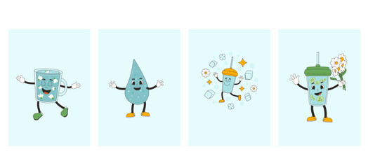 Fototapeta premium Water and soft drinks banner set . Posters with retro drop characters. World water day Ecology holiday banner with rubber hose mascot. Vector flat illustration