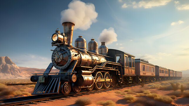 Steam locomotive on the tracks in the desert. 3d render