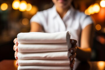 Hotel housekeeper holding white towels, front view. Cleaning services for hotel linen - obrazy, fototapety, plakaty