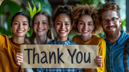 Group of diverse people holding a ‘Thank You’ sign together. They express gratitude and appreciation. This image is perfect for: gratitude, teamwork, appreciation, thank you message, diversity.