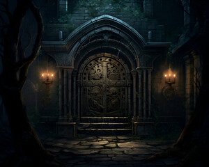 Fototapeta na wymiar Mysterious door in the dark forest. 3D illustration.