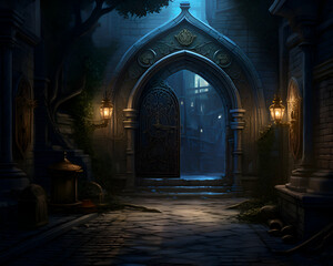 Fantasy castle door in a foggy night. 3D rendering - obrazy, fototapety, plakaty