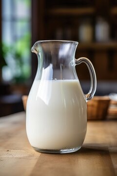 Glass jug pitcher of fresh milk isolated on white background