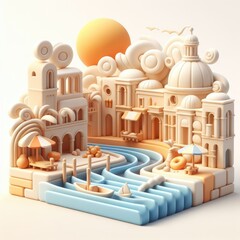 Cartoon Venice with Canals. Soft shapes 3D illustration with delicate pastel colors.