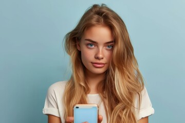 Young stylish woman checking her smartphone on a blue background