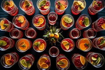 
Aerial photo of a table set with multiple Mangonadas for a family gathering, each glass uniquely decorated