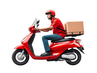 Delivery man in red uniform driving a scooter on PNG transparent background. Delivery business concept.