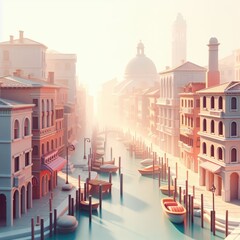 Fototapeta premium Cartoon Venice with Canals in the Fog. Soft shapes 3D illustration with delicate pastel colors.