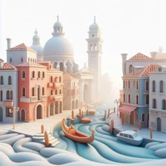 Fototapeten Cartoon Venice with Canals in the Fog. Soft shapes 3D illustration with delicate pastel colors. © leographics