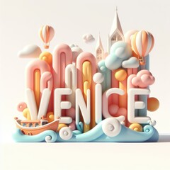 Venice 3D Text and Venice Landscape. Soft shapes 3D illustration with delicate pastel colors.