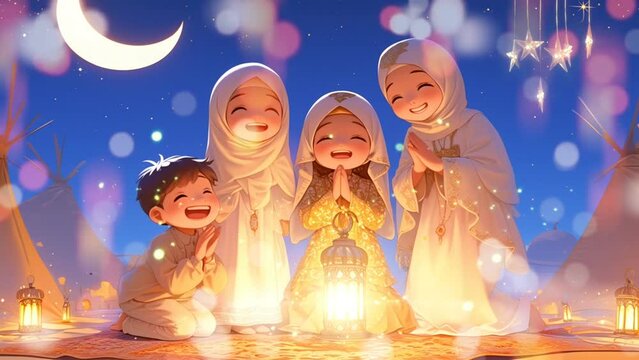 A charming and lively animation of a little family wearing outfits and celebrating Eid Mubarak together on anime cartoon style. Enchanted 4k loop animation