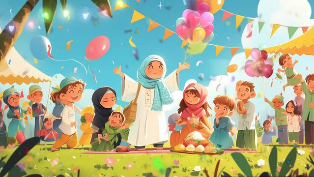 A warm and joyful animation of a big family wearing traditional clothes and celebrating Eid Mubarak together. Anime cartoon style. Enchanted 4k loop animation background