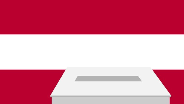 Man putting ballot in a box during elections in Austria in front of flag.