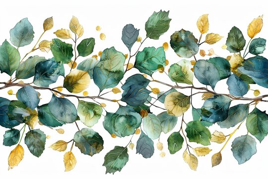 Watercolor seamless border - illustration with green gold leaves and branches