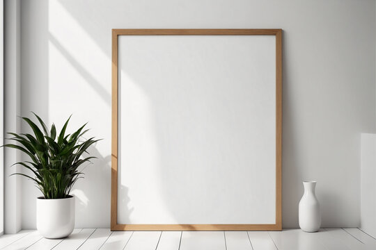 Close up of mockup poster frame with modern minimalist interior background in bright white color - Mockup