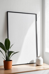 Close up of mockup poster frame with modern minimalist interior background in bright white color - Mockup