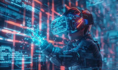 3D illustration of a character immersed in a virtual reality environment, wearing advanced VR gear and interacting with digital elements