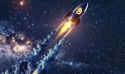 Obraz na płótnie Canvas Illustration capturing the excitement of a Bitcoin price surge, with a rocket-shaped Bitcoin symbol soaring upwards against a starry night sky