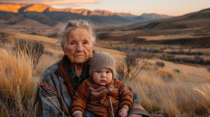 Grandmother and her grandchild at countryside