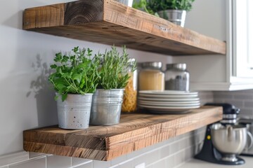 Shelves with various items on them in a kitchen