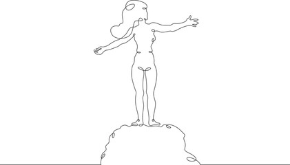 Happy woman. The girl rejoices in victory. Conquering the peak. Woman with outstretched arms. One continuous line . Line art. Minimal single line.White background. One line drawing.
