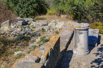 Archaeological site of ancient Troy. Remains of ruined temple. Hisarlik hill. Tevfikiye (Cankkale), Turkey (Turkiye)