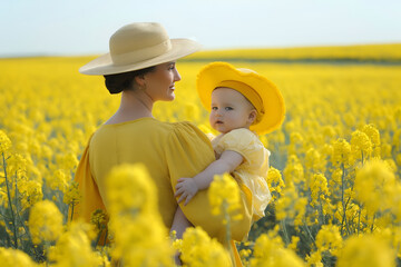 Fototapeta premium Caucasian mother and her baby at yellow meadow
