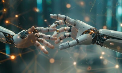 Concept of AI regulation laws, with futuristic elements such as robotic hands