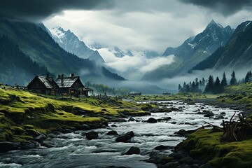 Alpine River Flowing Through Mountain Pastures.  - obrazy, fototapety, plakaty