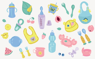 A set of children's cutlery items. White background, isolate.