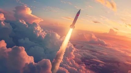 Selbstklebende Fototapete Nordeuropa Ballistic missile North Korea flag flying in the cloud