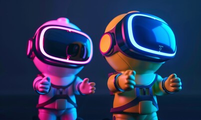 A whimsical 3D rendering of cartoon one characters experiencing virtual reality together on dark blue background