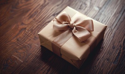 Obraz na płótnie Canvas Beautifully wrapped gift box adorned with a satin ribbon and bow, placed on a polished wooden surface