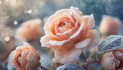 Frosted Peach Fuzz roses bloom in winter’s chill, showcasing nature’s icy beauty. - obrazy, fototapety, plakaty