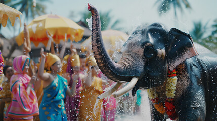 Obraz premium Decorated elephant with garland in Songkran festival at Thailand