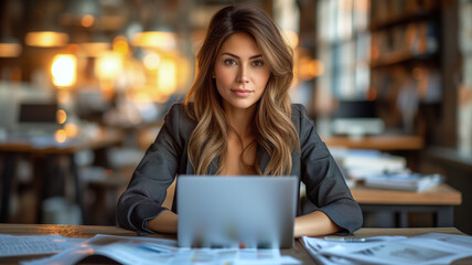 Fototapeta na wymiar A beautiful business woman working with laptop in a coffee shop